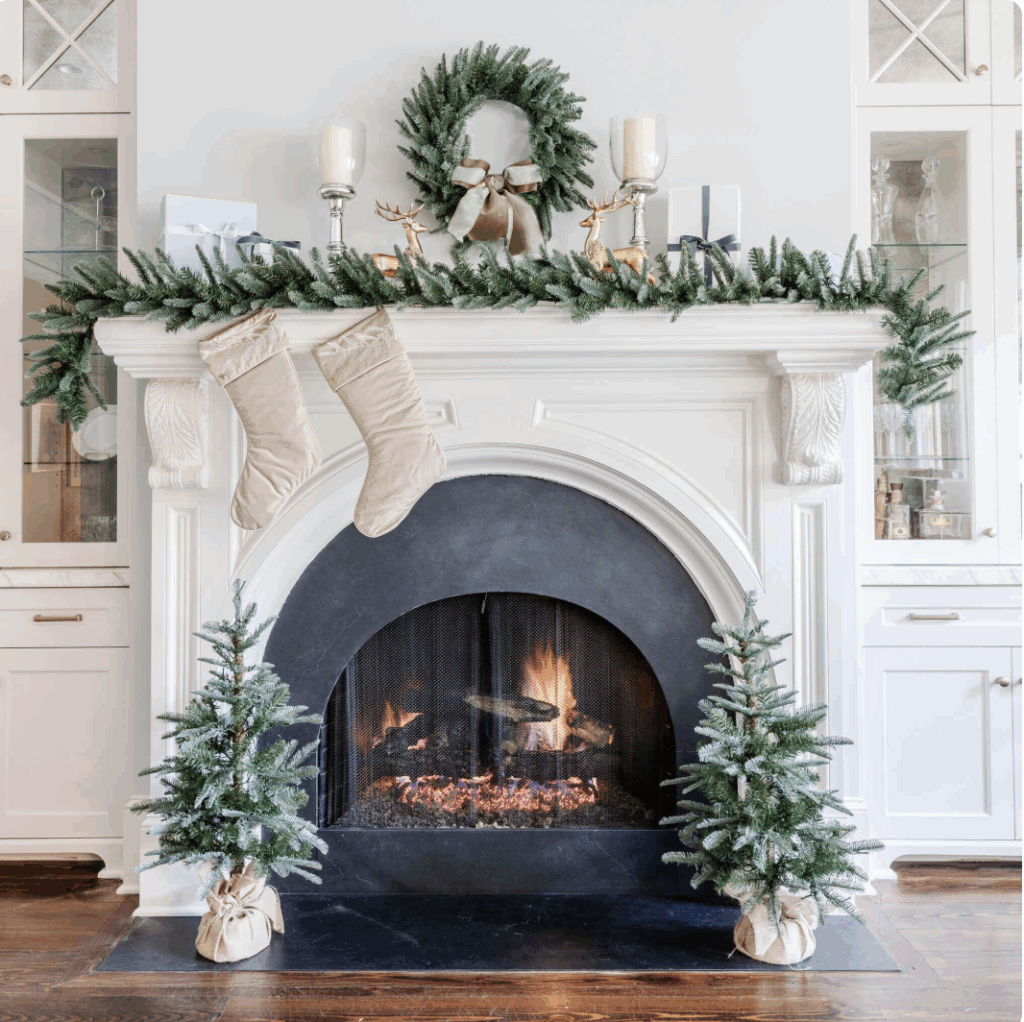 King of Christmas Noble Fir Set around a fireplace and on mantel.