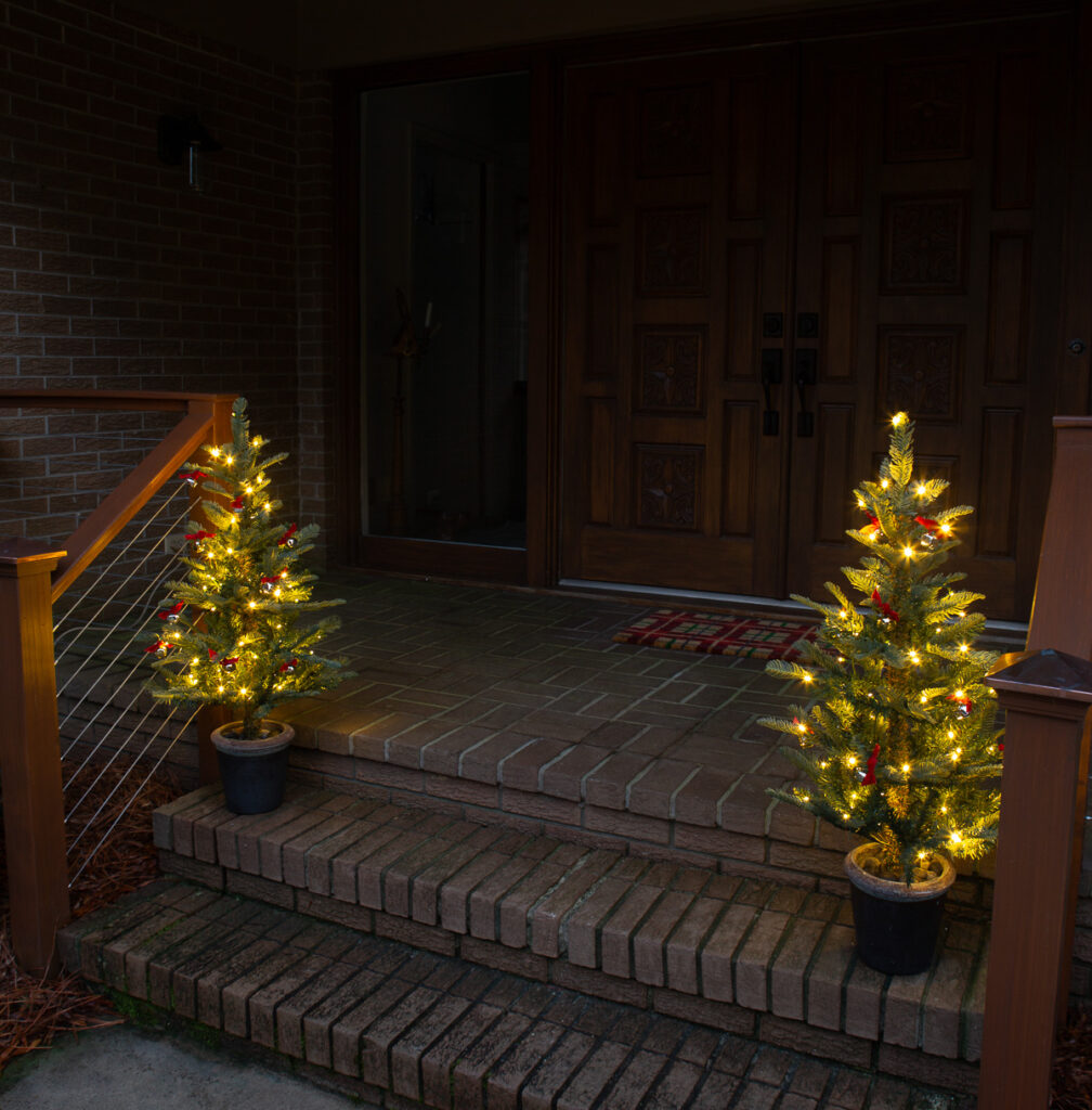 2 - 3 ft Christmas tree on front steps of a home at nighttime with lights aglow on trees.
