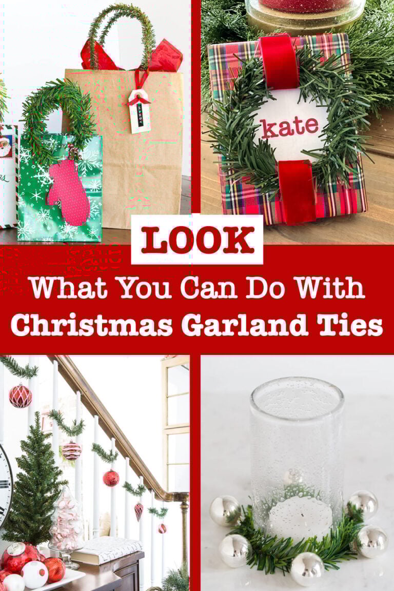 photo is showing 4 of 14 creative ideas using Christmas garland ties. Text overlay says, Look what you can do with Christmas garland ties.