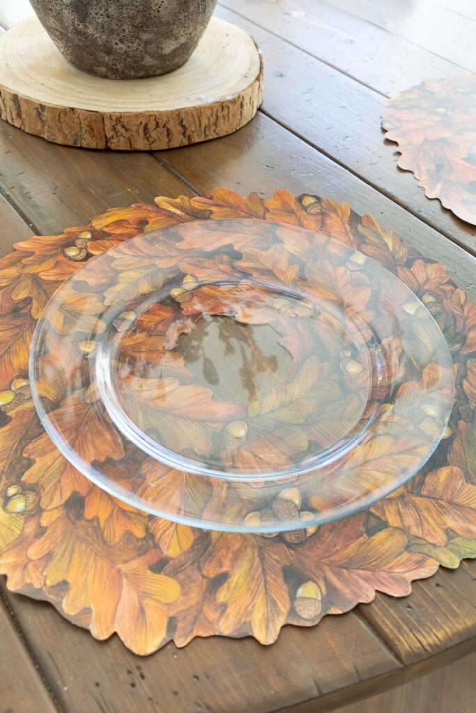glass dinner plate on a Hester & Cook Autumn Wreath paper placemat.