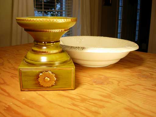 thrift store finds -base and bowl to be used to create an ornament bowl centerpiece