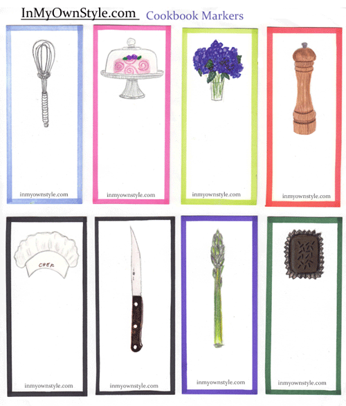 Free printable cookbook markers that are illustrated with kitchen tools and food.